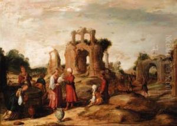 Rebecca And Eliezer At The Well Oil Painting by Jacob Pynas