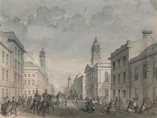 Mounted Guardsman, Elegant 
Figures And A Carriage On A Crowdedstreet, Thought To Be Dublin Oil Painting by George Pyne