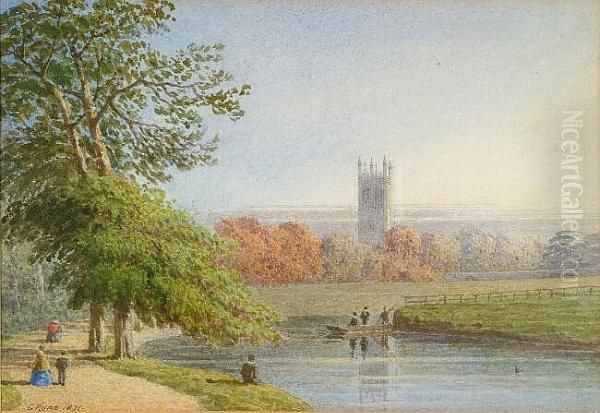 Magdalen Tower From Christchurch Meadow, Oxford, With Figures Out Punting And Walking Oil Painting by George Pyne