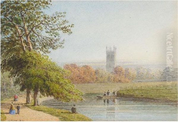 View Of Magdalen Collage Tower From Christ Church Meadow, Oxford Oil Painting by George Pyne