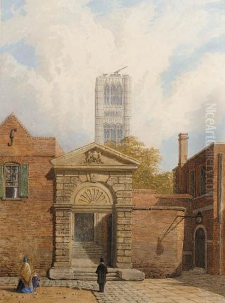 The Gateway Of Westminster School With Works In Progress To Thetower Beyond Oil Painting by George Pyne