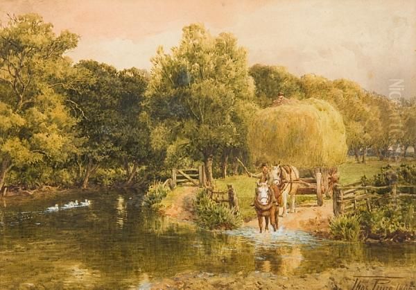 Horse And Cart In A River Landscape Oil Painting by Thomas Pyne