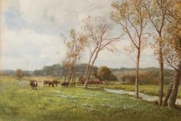 Springtime: Cattle Grazing In A Water Meadow Oil Painting by Thomas Pyne