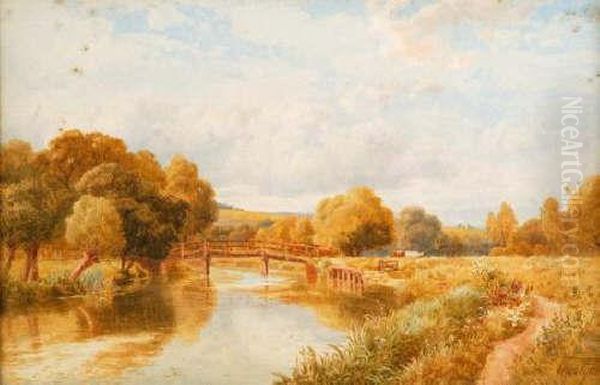 River Scene With Cattle Crossing A Bridge Oil Painting by Thomas Pyne