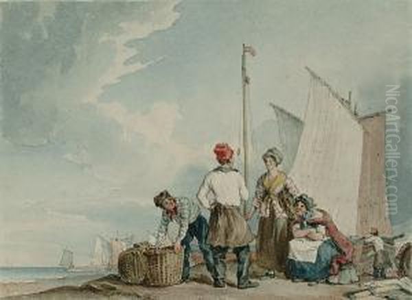 Fisherfolk On The Beach Oil Painting by William Henry Pyne