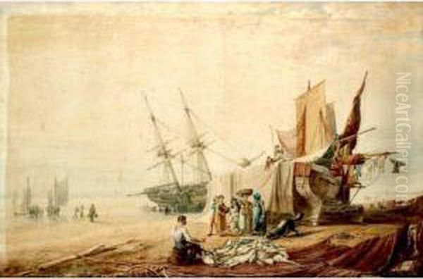 Figures Unloading Boats On The Shore Oil Painting by William Henry Pyne