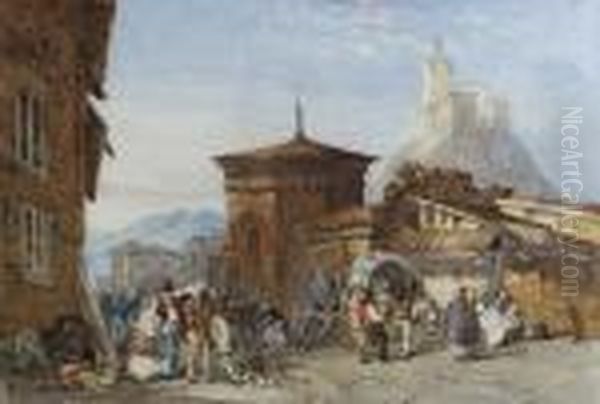 Figures In The Street, Le Puy, Clermont-ferrand, France Oil Painting by William Henry Pyne