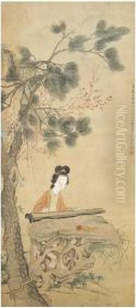 Lady Playing Qin Oil Painting by Gai Qi