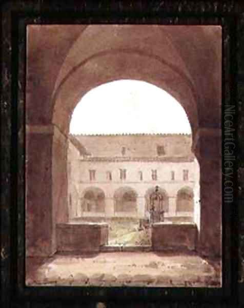 View of a Cloister with a Well Oil Painting by Paul Emile (or Destouches) Detouche