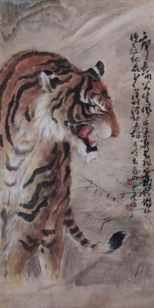 Scroll Depicting A Tiger Oil Painting by Gao Qifeng