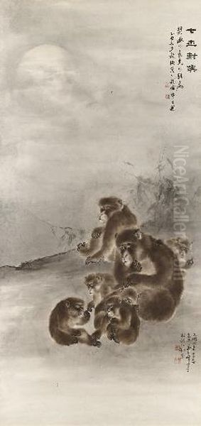 Monkeys Oil Painting by Gao Qifeng