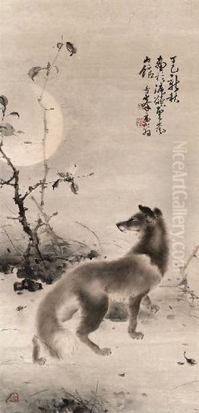 Fox In The Moonlight Oil Painting by Gao Qifeng