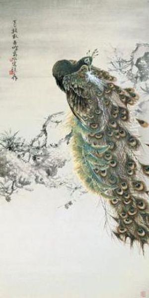 Green Peacock By Old Pine Oil Painting by Gao Qifeng