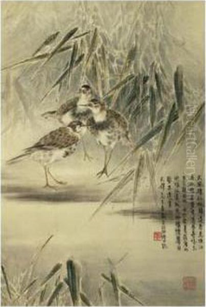 Water Birds Among Frosty Bamboos Oil Painting by Gao Qifeng