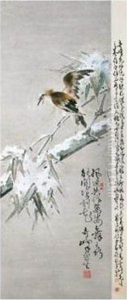 Bird On Snowy Branch Oil Painting by Gao Qifeng