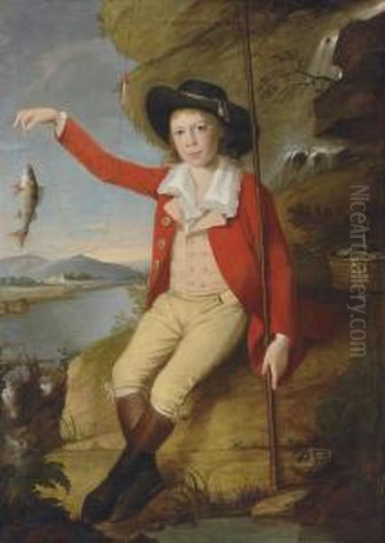 Portrait Of A Boy, Full-length, 
Holding A Fishing Rod And A Perch,a Landscape With A River And A Church 
Beyond Oil Painting by Martin Ferdinand Quadal