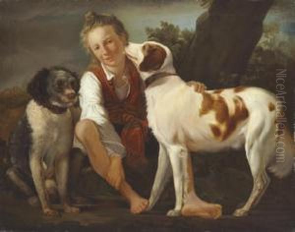 A Boy With Two Dogs, In A Landscape Oil Painting by Martin Ferdinand Quadal