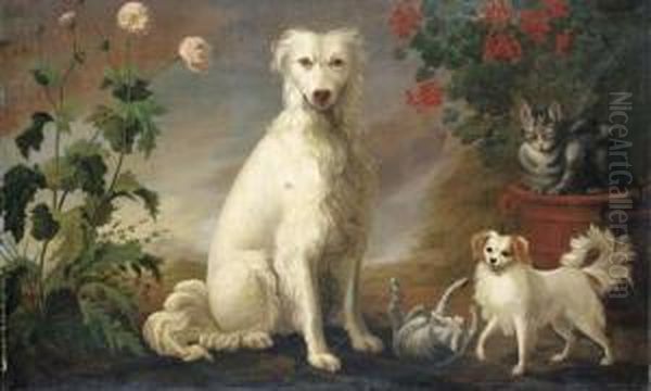 Two Dogs And Two Cats In A Landscape With Flowers Oil Painting by Martin Ferdinand Quadal