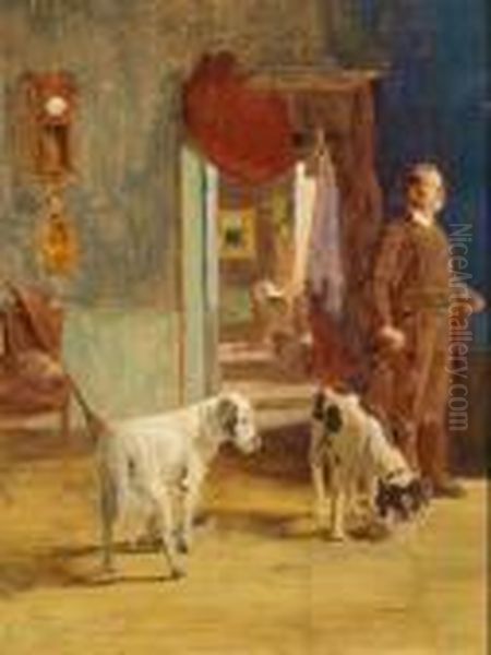 Studio D'interno Con Cacciatore E Cane Oil Painting by Giovanni Battista Quadrone