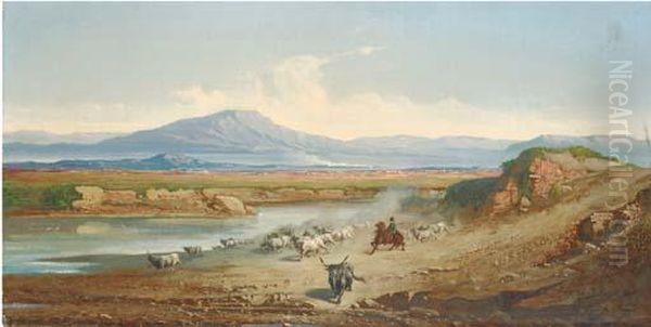 Herding Buffalo In The Roman Campagna Oil Painting by Carel Max Gerlach Quaedvlieg