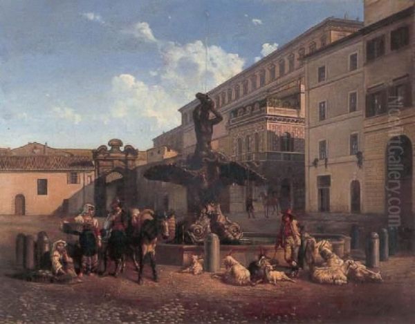 Fontana Del Tritone, Piazza Barberini, Rome Oil Painting by Carel Max Gerlach Quaedvlieg