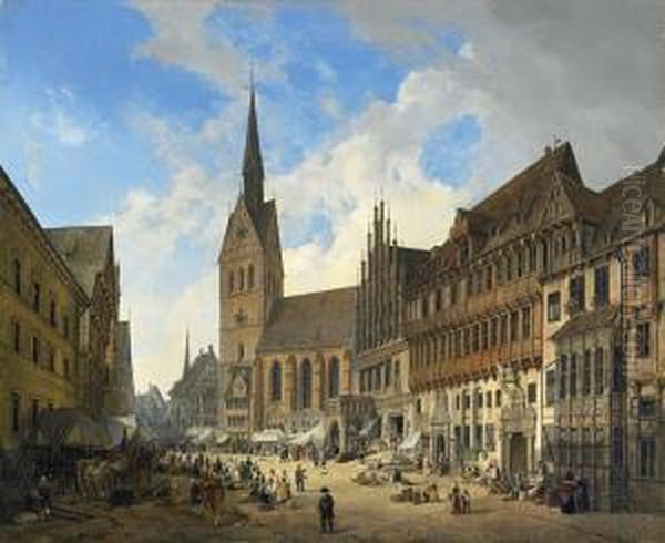 Marktkirche St. Georgii Et Jacobi, Marktplatz Und Rathaus In Hannover Oil Painting by Domenico Quaglio