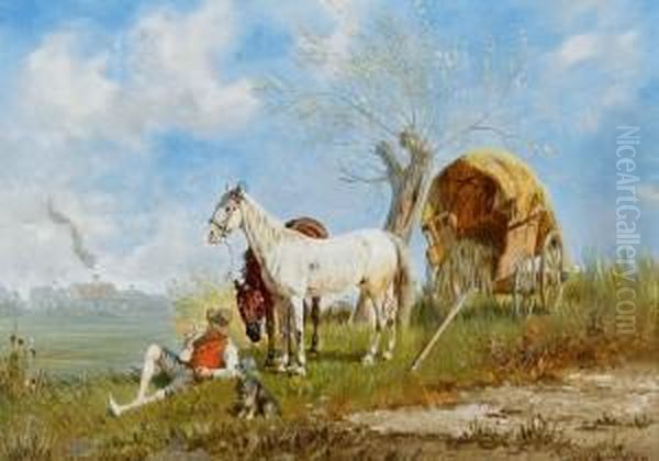 Landschaft Mit Einem Rastenden 
Bauern Und Seinemhund. Daneben Zwei Pferde Und Ein Heuwagen Oil Painting by Franz Quaglio