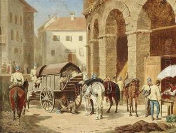 Resting Soldiersin Front Of The Arena At Verona In Italy Oil Painting by Franz Quaglio