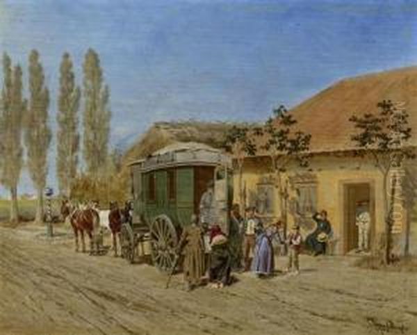 Kutschen-halt. 1900. Oil Painting by Franz Quaglio