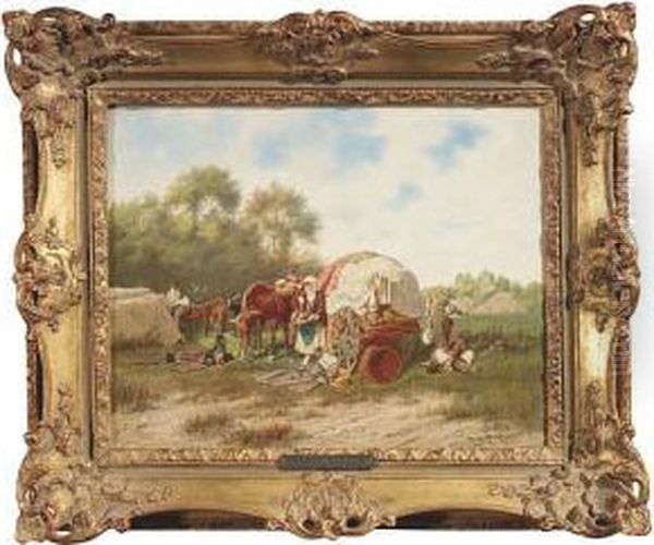 A Sutler's Carriage In A Camp. Oil/panel, Signed And Dated Oil Painting by Franz Quaglio