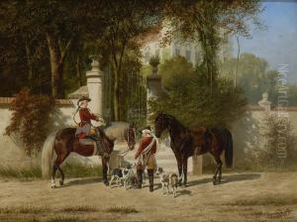 Parforcejager Mit Hunden Am
 Parktor. Oil Painting by Franz Quaglio