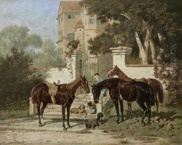 Pferde, Hunde Und Reiter Vor Einer Villa by Franz Quaglio