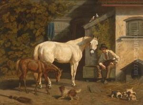 Bauer Mit Stute, Fohlen Und Hunden
 Vor Dem Bauernhaus. Oil Painting by Franz Quaglio