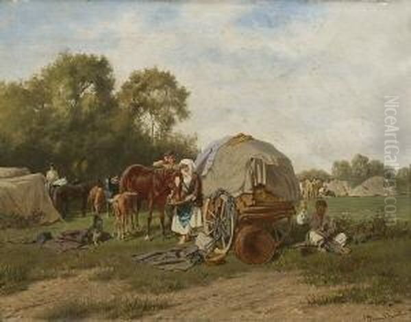 Marketenderin Beim Futtern Einer
 Stute Im Feldlager. Oil Painting by Franz Quaglio