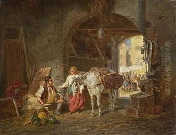 Italienisches Bauernpaar Mit
 Lasttier Im Stall. Oil Painting by Franz Quaglio