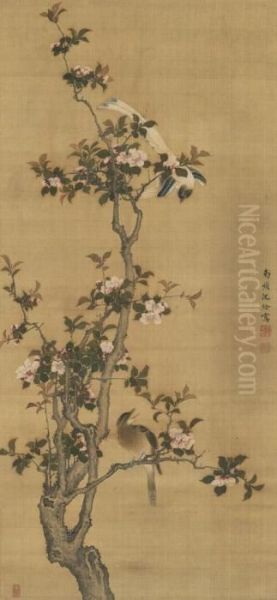 Peach Blossoms And Birds Oil Painting by Shen Quan