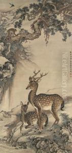 Deer, Monkey, Birds And Pine Oil Painting by Shen Quan