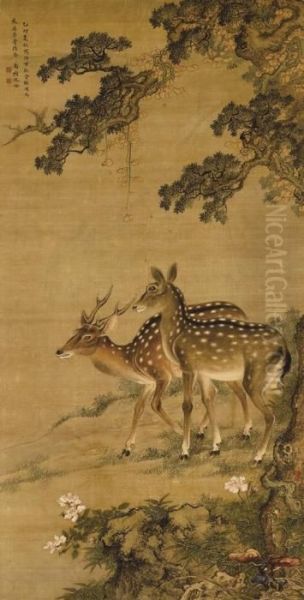 Deers Of Longevity Oil Painting by Shen Quan