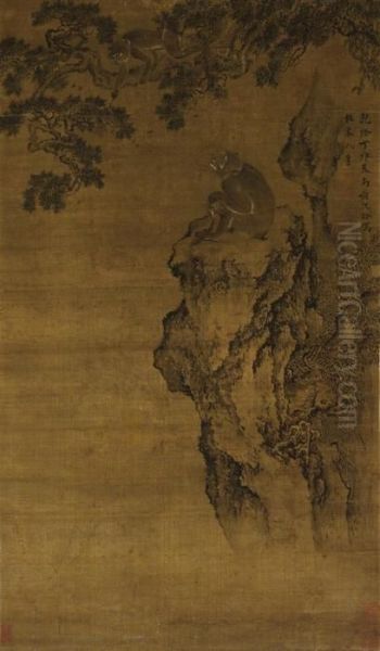 Two Monkeys On The Pine Mountain Oil Painting by Shen Quan