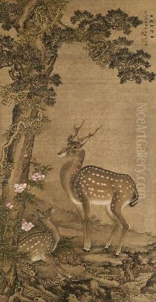 A Pair Of Deer Oil Painting by Shen Quan