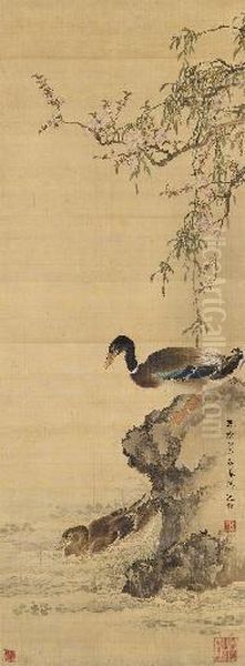 Ducks In The Willow Pond Oil Painting by Shen Quan