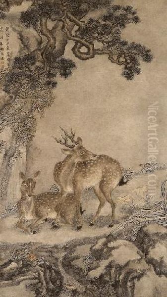 Deer And Pine Oil Painting by Shen Quan