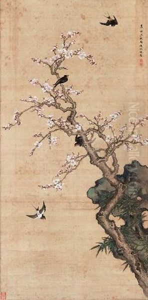 Peach Blossom And Returning Swallows Oil Painting by Shen Quan