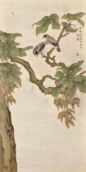 Birds On A Wutong Tree Oil Painting by Shen Quan