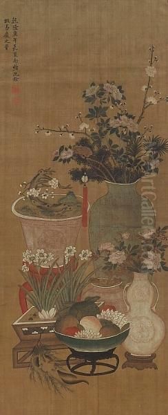 Flowers And Fruits In Precious Containers Oil Painting by Shen Quan