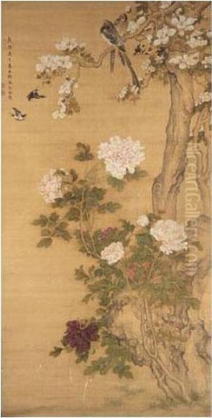 Peonies, Birds And Magnolia, Circa 1750 Oil Painting by Shen Quan