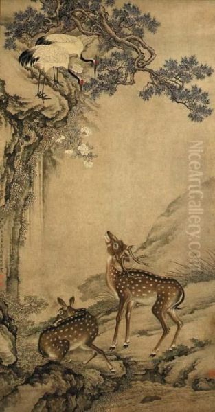 Cranes And Deer Oil Painting by Shen Quan