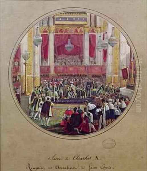 King Charles X 1757-1836 receiving the Knights of the Saint Esprit at Reims Cathedral on the 30th May Oil Painting by Jean-Charles Develly