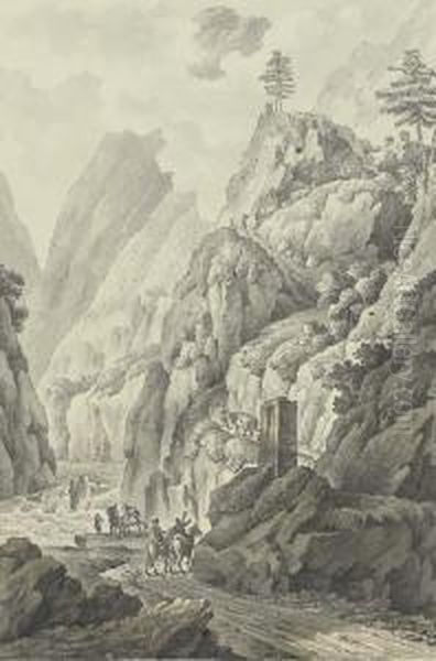 A Gorge In The Caucasus, Perhaps The Valley Of The Terek, Withtravellers On A Road Oil Painting by Giacomo Quarenghi