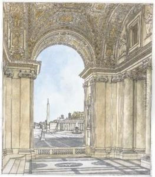 A View Of The Piazza San Pietro, Rome Looking South From Theportico Of The Basilica Oil Painting by Giacomo Quarenghi